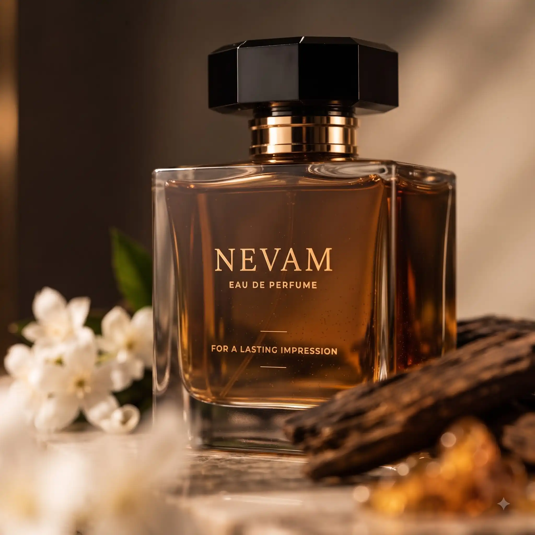 NEVAM Noir Eau de Perfume for men, amber glass bottle with black cap beside oud wood and black pepper