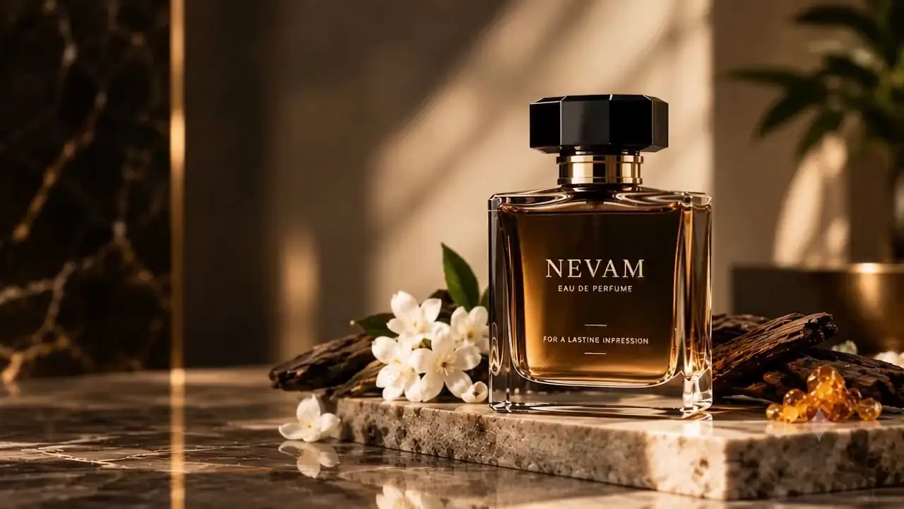 NEVAM Eau de Parfum bottle on marble with jasmine flowers and oud wood